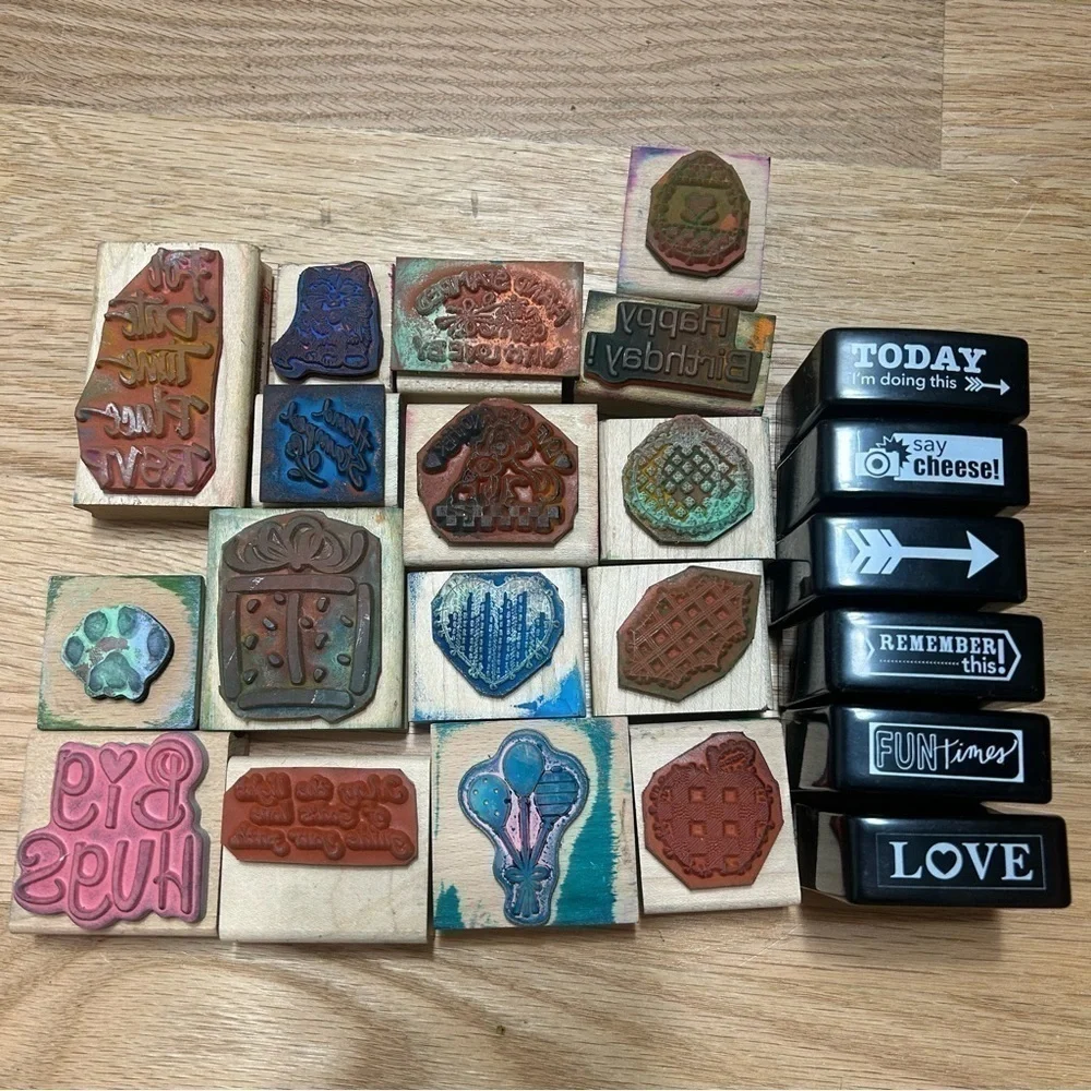 Vintage Rubber Stamp Bundle Lot Wooden Birthday Cat Hugs Invitation Balloons
